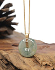 Baikalla 18K Yellow Gold "Ping An Kou" (Good Luck Button) Natural Icy Light Blue-Green Flower Jadeite Jade Pendant W/ Natural Diamonds