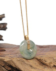 Baikalla 18K Yellow Gold "Ping An Kou" (Good Luck Button) Natural Icy Light Blue-Green Flower Jadeite Jade Pendant W/ Natural Diamonds
