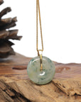 Baikalla 18K Yellow Gold "Ping An Kou" (Good Luck Button) Natural Icy Light Blue-Green Flower Jadeite Jade Pendant W/ Natural Diamonds