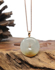 Baikalla 18K Rose Gold "Ping An Kou" (Good Luck Button) Natural Icy Light Green W/ Deep Yellow Patch Jadeite Jade Pendant