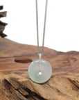 Baikalla "Ping An Kou" (Good Luck Button) 18K White Gold Natural Icy White & Light Green Jadeite Jade Pendant W/ Natural Diamonds