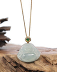 Burmese Blue Jadeite Jade Happy Buddha Necklace With 18K Gold Bail