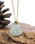Burmese Blue Jadeite Jade Happy Buddha Necklace With 18K Gold Bail