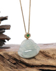 Burmese Blue Jadeite Jade Happy Buddha Necklace With 18K Gold Bail