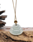 Burmese Blue Jadeite Jade Happy Buddha Necklace With 18K Gold Bail