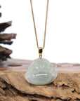 Burmese Ice Blue Green Jadeite Jade Happy Buddha Necklace With 18K Gold Bail