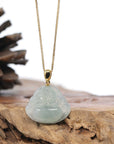 Burmese Ice Blue Green Jadeite Jade Happy Buddha Necklace With 18K Gold Bail