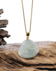 Burmese Ice Blue Green Jadeite Jade Happy Buddha Necklace With 18K Gold Bail