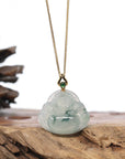 Burmese Blue Jadeite Jade Happy Buddha Necklace With 18K Gold Bail