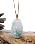 Genuine Ice Blue Jadeite Jade RuYi Pendant Necklace With 18K Gold Bail