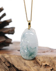 Genuine Ice Blue Jadeite Jade RuYi Pendant Necklace With 18K Gold Bail