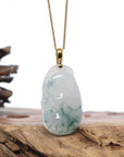 Genuine Ice Blue Jadeite Jade RuYi Pendant Necklace With 18K Gold Bail