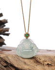 Burmese Blue Jadeite Jade Happy Buddha Necklace With 18K Gold Bail