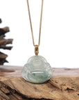 Burmese Ice Blue Green Jadeite Jade Happy Buddha Necklace With 18K Gold Bail