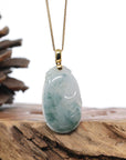Genuine Ice Blue Jadeite Jade RuYi Pendant Necklace With 18K Gold Bail