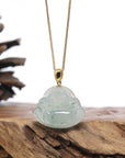 Burmese Ice Blue Green Jadeite Jade Happy Buddha Necklace With 18K Gold Bail