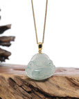 Burmese Ice Blue Green Jadeite Jade Happy Buddha Necklace With 18K Gold Bail