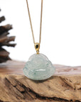 Burmese Ice Blue Green Jadeite Jade Happy Buddha Necklace With 18K Gold Bail