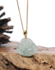 Burmese Ice Blue Green Jadeite Jade Happy Buddha Necklace With 18K Gold Bail