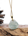 Burmese Ice Blue Green Jadeite Jade Happy Buddha Necklace With 18K Gold Bail