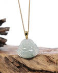 Burmese Ice Blue Green Jadeite Jade Happy Buddha Necklace With 18K Gold Bail