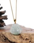 Burmese Ice Blue Green Jadeite Jade Happy Buddha Necklace With 18K Gold Bail