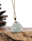 Burmese Ice Blue Green Jadeite Jade Happy Buddha Necklace With 18K Gold Bail