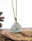 Burmese Ice Blue Green Jadeite Jade Happy Buddha Necklace With 18K Gold Bail