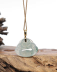 Burmese Ice Blue Green Jadeite Jade Happy Buddha Necklace With 18K Gold Bail
