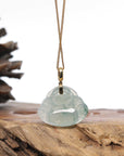 Burmese Ice Blue Green Jadeite Jade Happy Buddha Necklace With 18K Gold Bail