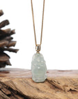 Burmese Blue Jadeite Jade Happy Buddha Necklace With 18K Gold Bail