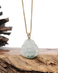 Burmese Blue Jadeite Jade Happy Buddha Necklace With 18K Gold Bail