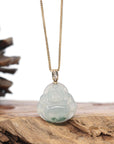 Burmese Blue Jadeite Jade Happy Buddha Necklace With 18K Gold Bail
