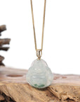 Burmese Blue Jadeite Jade Happy Buddha Necklace With 18K Gold Bail
