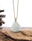 Burmese Blue Jadeite Jade Happy Buddha Necklace With 18K Gold Bail
