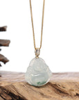 Burmese Blue Jadeite Jade Happy Buddha Necklace With 18K Gold Bail