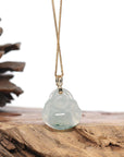 Burmese Blue Jadeite Jade Happy Buddha Necklace With 18K Gold Bail