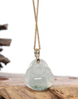 Burmese Blue Jadeite Jade Happy Buddha Necklace With 18K Gold Bail
