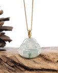 Burmese Ice Blue Green Jadeite Jade Happy Buddha Necklace With 18K Gold Bail