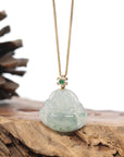 Burmese Blue Jadeite Jade Happy Buddha Necklace With 18K Gold Bail