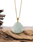 Burmese Ice Blue Green Jadeite Jade Happy Buddha Necklace With 18K Gold Bail
