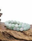 Baikalla Natural Green & White Jadeite Jade Round Green Beads Bracelet (9.5mm)