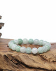 Baikalla Natural Green & White Jadeite Jade Round Green Beads Bracelet (9.5mm)