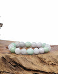 Baikalla Natural Green & White Jadeite Jade Round Beads Bracelet (9.5mm)