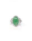 Baikalla 18k White Gold Natural Rich Green Oval Jadeite Jade Ring w/ Natural Diamonds