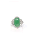 Baikalla 18k White Gold Natural Rich Green Oval Jadeite Jade Ring w/ Natural Diamonds