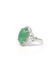Baikalla 18k White Gold Natural Rich Green Oval Jadeite Jade Ring w/ Natural Diamonds