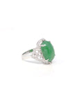 Baikalla 18k White Gold Natural Rich Green Oval Jadeite Jade Ring w/ Natural Diamonds