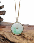 14K Yellow Gold "Good Luck Button" Necklace Green Jadeite Jade Lucky KouKou Pendant Necklace