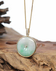 14K Yellow Gold "Good Luck Button" Necklace Green Jadeite Jade Lucky KouKou Pendant Necklace
